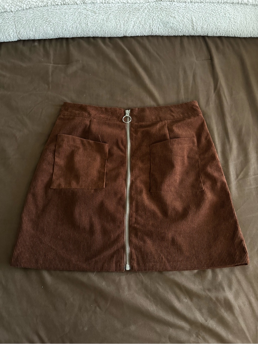 Brown Corduroy Front-Zip Mini Skirt